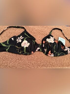 NWT - Shade and Shore Black Floral Bikini Top with Pink and Peach Flowers